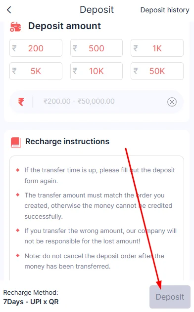 Click on Deposit to confirm payment.